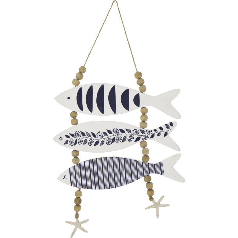 Suspension déco murale 3 Poissons style méditerrannéen Bois MDF Blanc Bleu Corde Perle Aoshira 