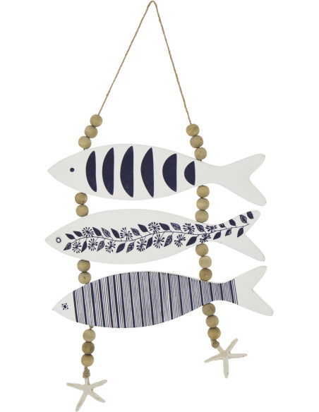 Suspension déco murale 3 Poissons style méditerrannéen Bois MDF Blanc Bleu Corde Perle Aoshira 