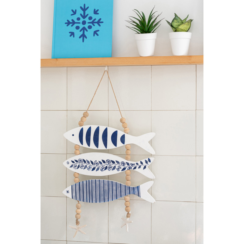 Suspension déco murale 3 Poissons style méditerrannéen Bois MDF Blanc Bleu Corde Perle Aoshira 