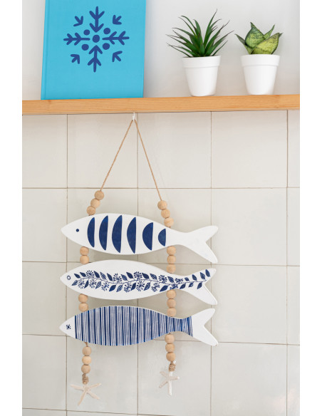 Suspension déco murale 3 Poissons style méditerrannéen Bois MDF Blanc Bleu Corde Perle Aoshira 