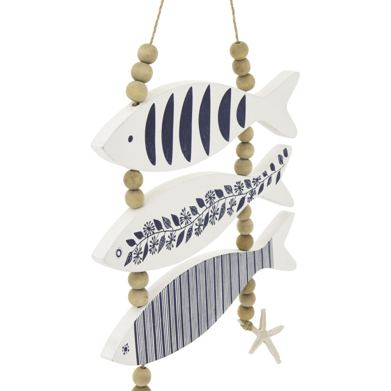 Suspension déco murale 3 Poissons style méditerrannéen Bois MDF Blanc Bleu Corde Perle Aoshira 