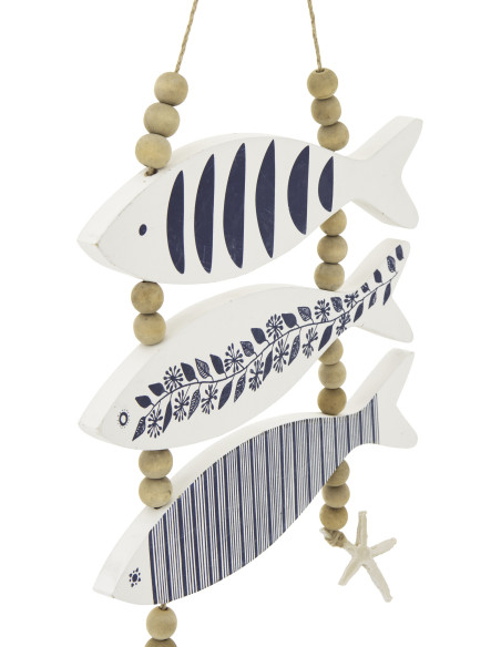 Suspension déco murale 3 Poissons style méditerrannéen Bois MDF Blanc Bleu Corde Perle Aoshira 