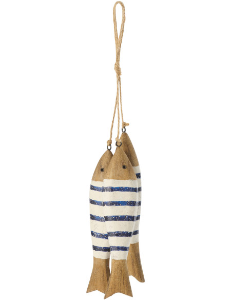 Suspension déco bord de mer 3 Poissons Bois de paulownia Naturel Bleu foncé Blanc Nautina 