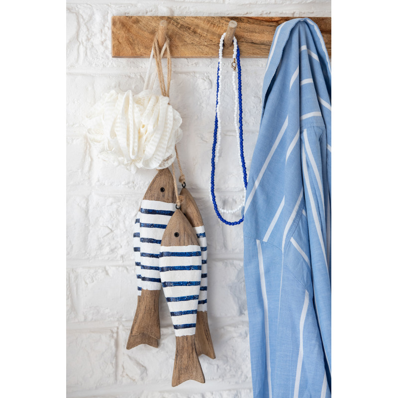 Suspension déco bord de mer 3 Poissons Bois de paulownia Naturel Bleu foncé Blanc Nautina 