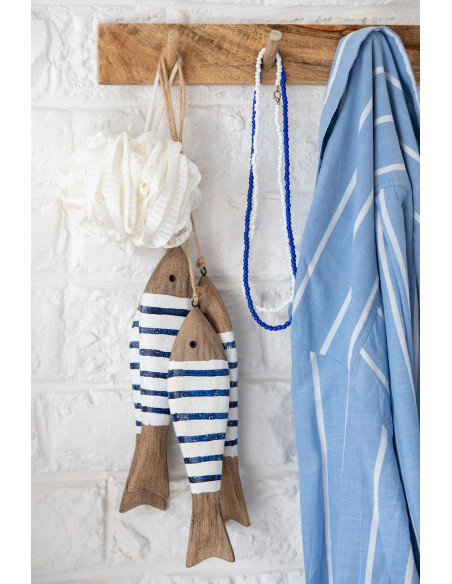 Suspension déco bord de mer 3 Poissons Bois de paulownia Naturel Bleu foncé Blanc Nautina 