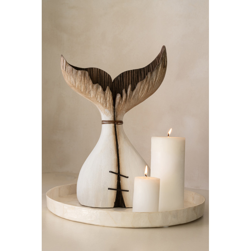 Sculpture originale bord de mer Queue de baleine H 35 cm Bois de paulownia Blanc Naturel Nautina 