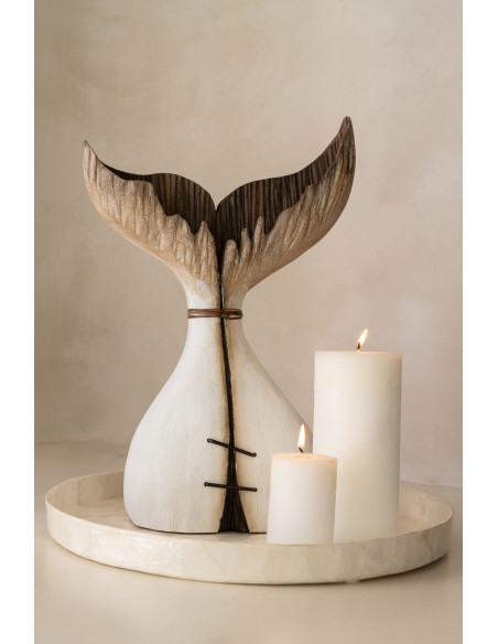 Sculpture originale bord de mer Queue de baleine H 35 cm Bois de paulownia Blanc Naturel Nautina 