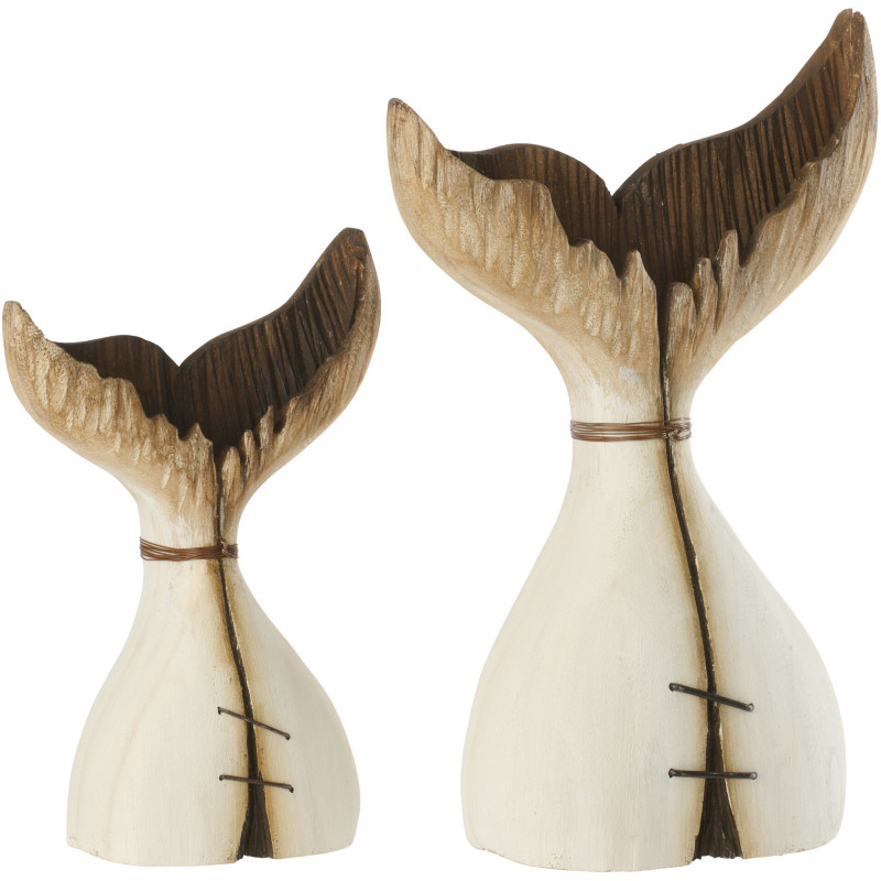Sculpture originale bord de mer Queue de baleine H 35 cm Bois de paulownia Blanc Naturel Nautina 