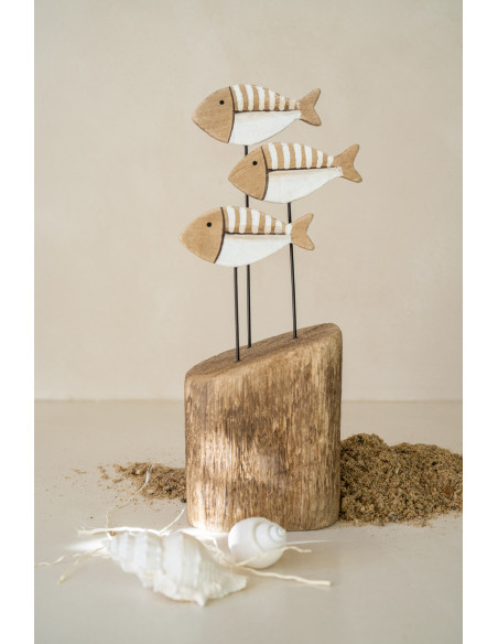 Sculpture déco sur pied Poissons H 26 cm Bois de paulownia Naturel Blanc Nautina 