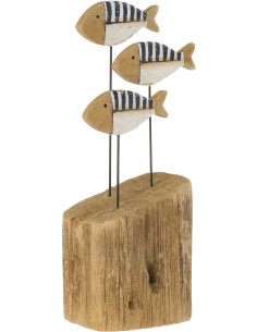 Sculpture déco sur pied Poissons H 26 cm Bois de paulownia Naturel Blanc Bleu foncé Nautina 