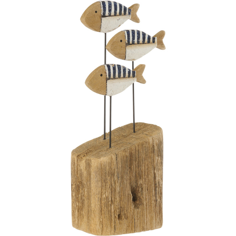 Sculpture déco sur pied Poissons H 26 cm Bois de paulownia Naturel Blanc Bleu foncé Nautina 