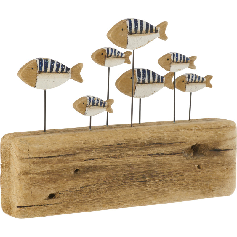 Sculpture déco sur pied Poissons 30 cm Bois de paulownia Naturel Blanc Bleu foncé Nautina 