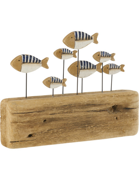 Sculpture déco sur pied Poissons 30 cm Bois de paulownia Naturel Blanc Bleu foncé Nautina 