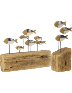 Sculpture déco sur pied Poissons 30 cm Bois de paulownia Naturel Blanc Bleu foncé Nautina 
