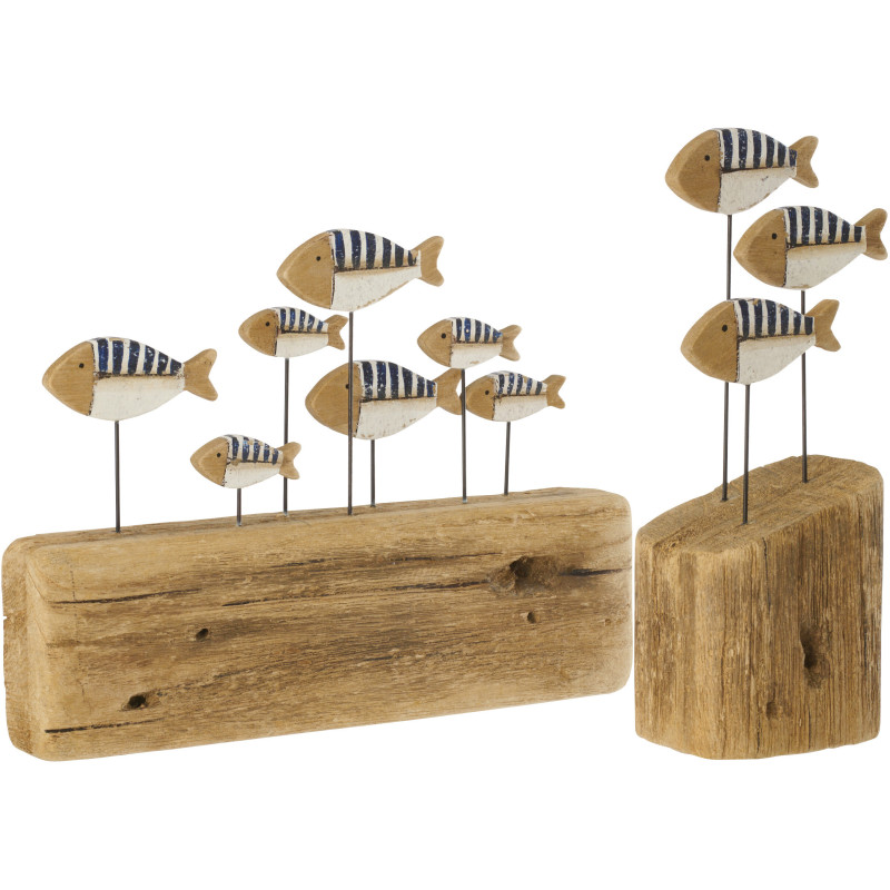 Sculpture déco sur pied Poissons 30 cm Bois de paulownia Naturel Blanc Bleu foncé Nautina 