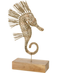 Sculpture déco sur pied Hippocampe H 53 cm Herbe Naturel Tressé Bois Métal Abyssino 