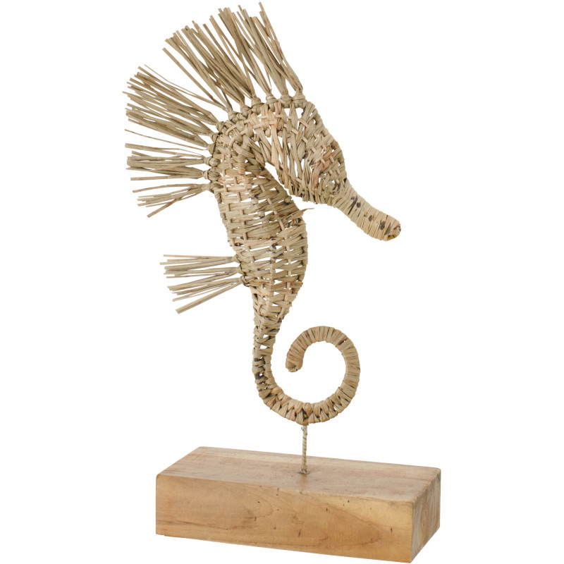 Sculpture déco sur pied Hippocampe H 53 cm Herbe Naturel Tressé Bois Métal Abyssino 