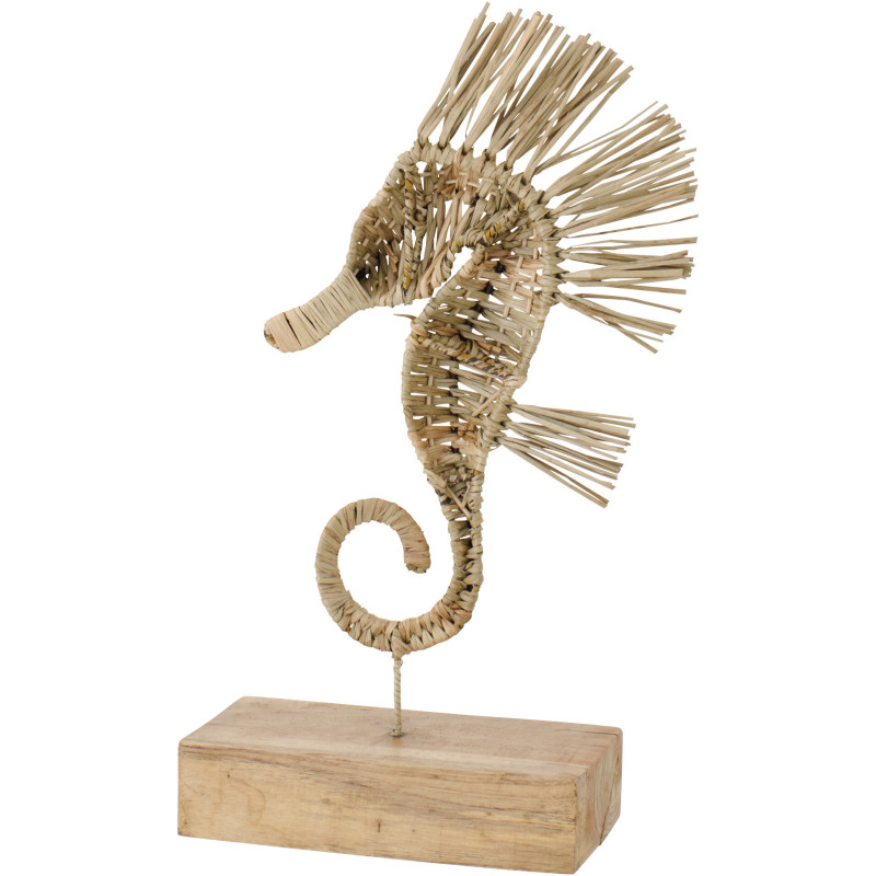 Sculpture déco sur pied Hippocampe H 53 cm Herbe Naturel Tressé Bois Métal Abyssino 