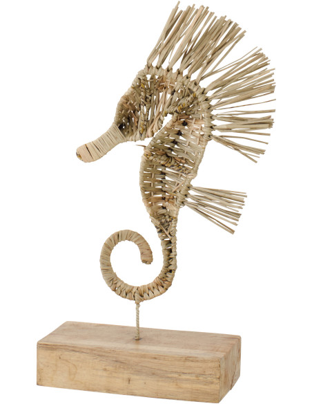 Sculpture déco sur pied Hippocampe H 53 cm Herbe Naturel Tressé Bois Métal Abyssino 