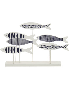 Sculpture déco sur pied Banc de poissons style méditerrannée 50 cm Bois MDF Blanc Bleu Métal Aoshira 