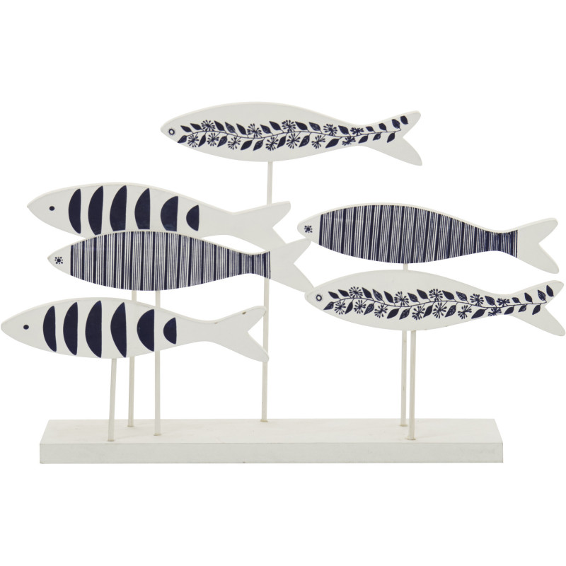 Sculpture déco sur pied Banc de poissons style méditerrannée 50 cm Bois MDF Blanc Bleu Métal Aoshira 