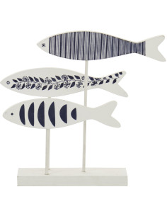 Sculpture déco sur pied 3 Poissons style méditerrannée 29 cm Bois MDF Blanc Bleu Métal Aoshira 