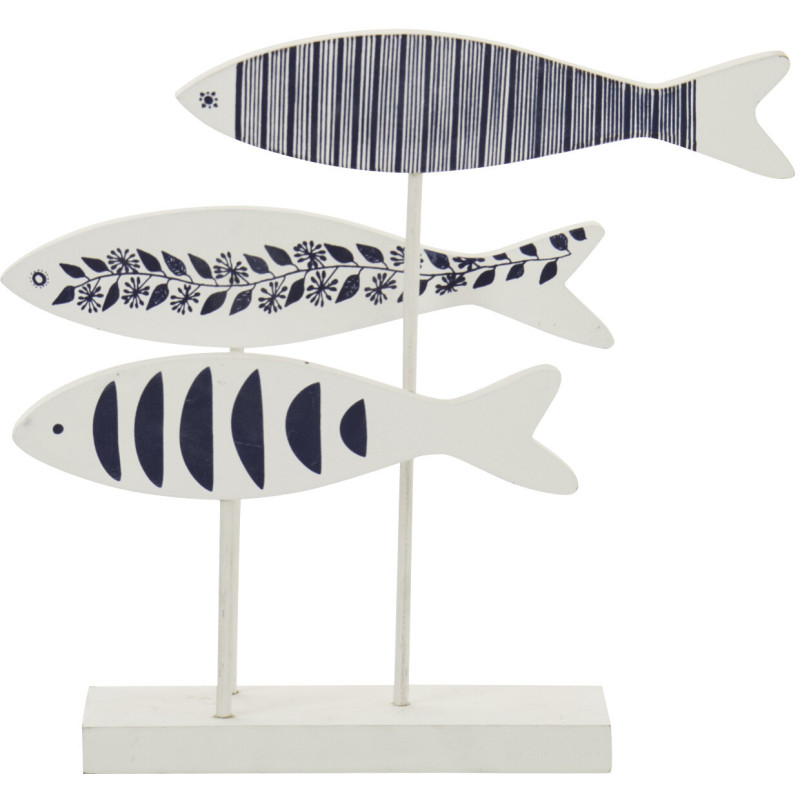 Sculpture déco sur pied 3 Poissons style méditerrannée 29 cm Bois MDF Blanc Bleu Métal Aoshira 