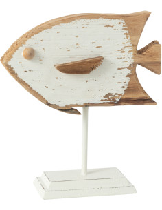 Sculpture déco Poisson sur pied bord de mer H 28 cm Bois de sapin Blanc Naturel Métal Piscana 