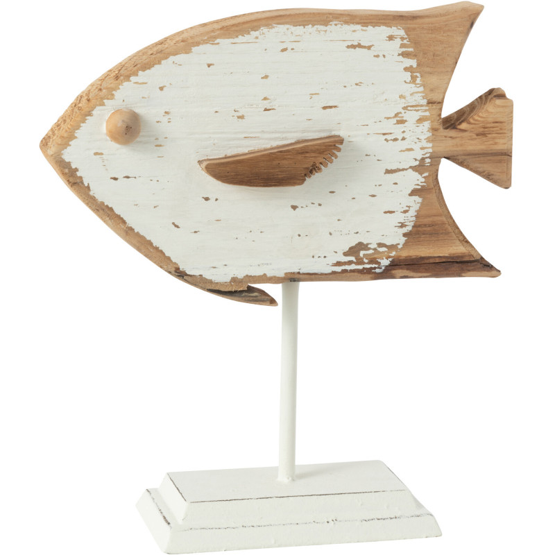 Sculpture déco Poisson sur pied bord de mer H 28 cm Bois de sapin Blanc Naturel Métal Piscana 