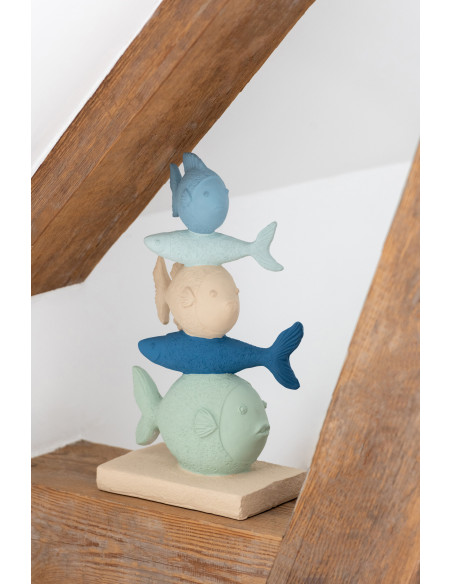 Sculpture déco bord de mer Poissons H 32 cm Résine Bleu Beige Calypsoh 