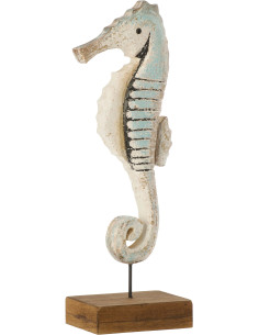 Sculpture déco bord de mer Hippocampe sur pied H 24 cm Bois de paulownia Bleu clair Blanc Naturel Nautina 