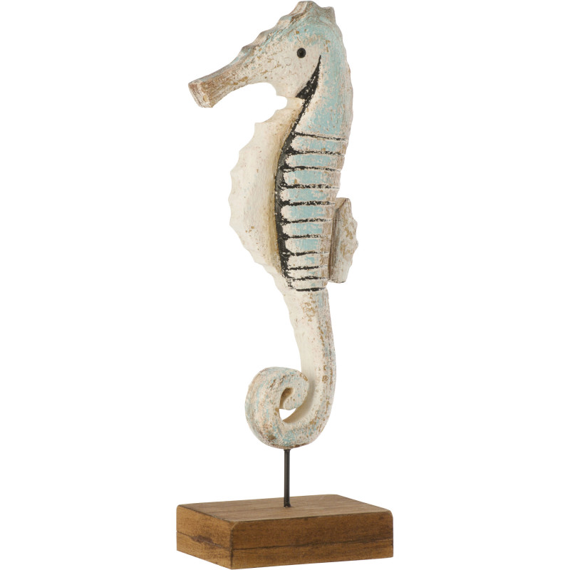 Sculpture déco bord de mer Hippocampe sur pied H 24 cm Bois de paulownia Bleu clair Blanc Naturel Nautina 