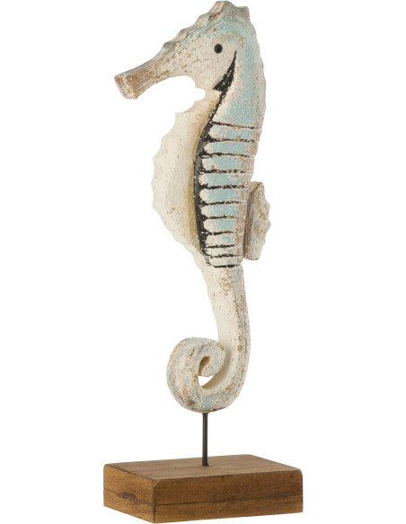 Sculpture déco bord de mer Hippocampe sur pied H 24 cm Bois de paulownia Bleu clair Blanc Naturel Nautina