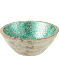Saladier style méditérrannéen Rond 24 cm Bois de manguier Naturel Turquoise Mosaïque Kalanka 