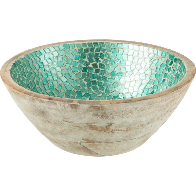 Saladier style méditérrannéen Rond 24 cm Bois de manguier Naturel Turquoise Mosaïque Kalanka 