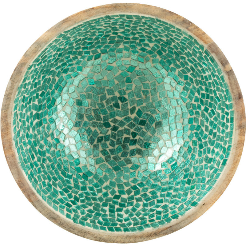Saladier style méditérrannéen Rond 24 cm Bois de manguier Naturel Turquoise Mosaïque Kalanka 