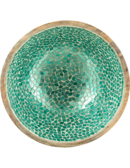 Saladier style méditérrannéen Rond 24 cm Bois de manguier Naturel Turquoise Mosaïque Kalanka 