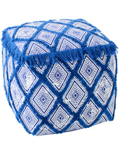 Pouf bohème chic Carré 45 cm Coton Bleu Blanc Avec franges Motif oriental Azulina 