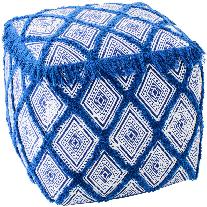 Pouf bohème chic Carré 45 cm Coton Bleu Blanc Avec franges Motif oriental Azulina 