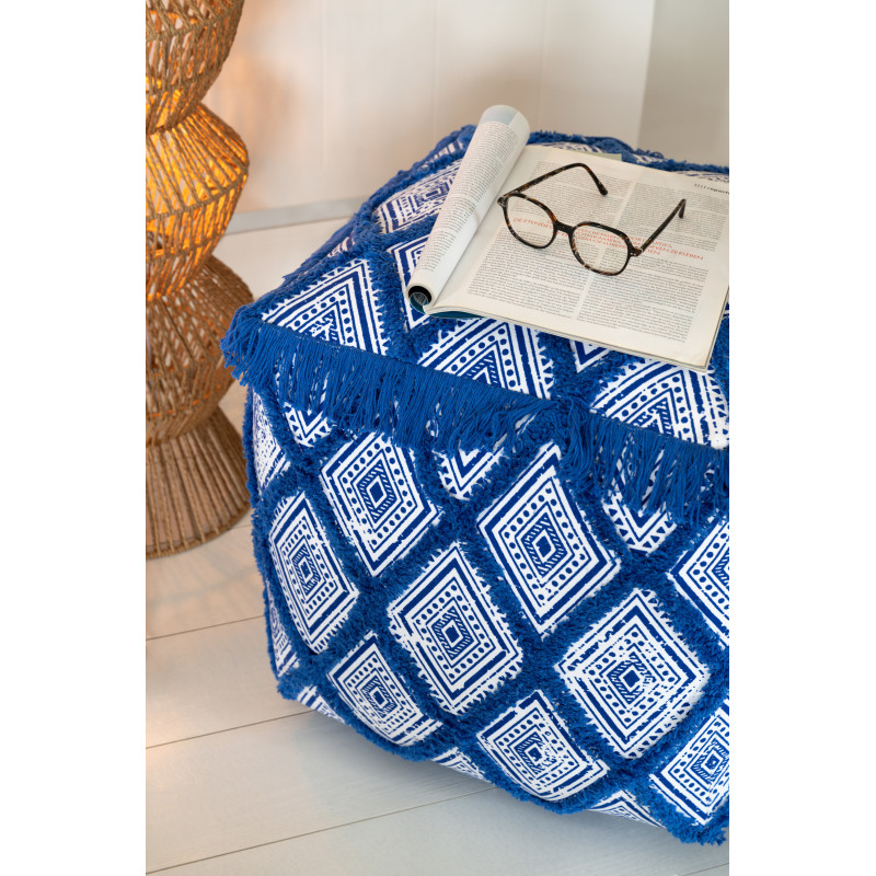 Pouf bohème chic Carré 45 cm Coton Bleu Blanc Avec franges Motif oriental Azulina 