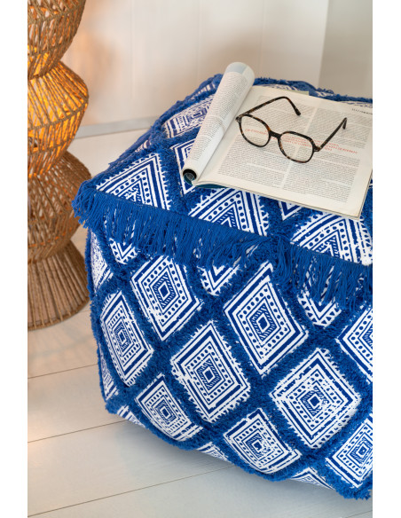 Pouf bohème chic Carré 45 cm Coton Bleu Blanc Avec franges Motif oriental Azulina 