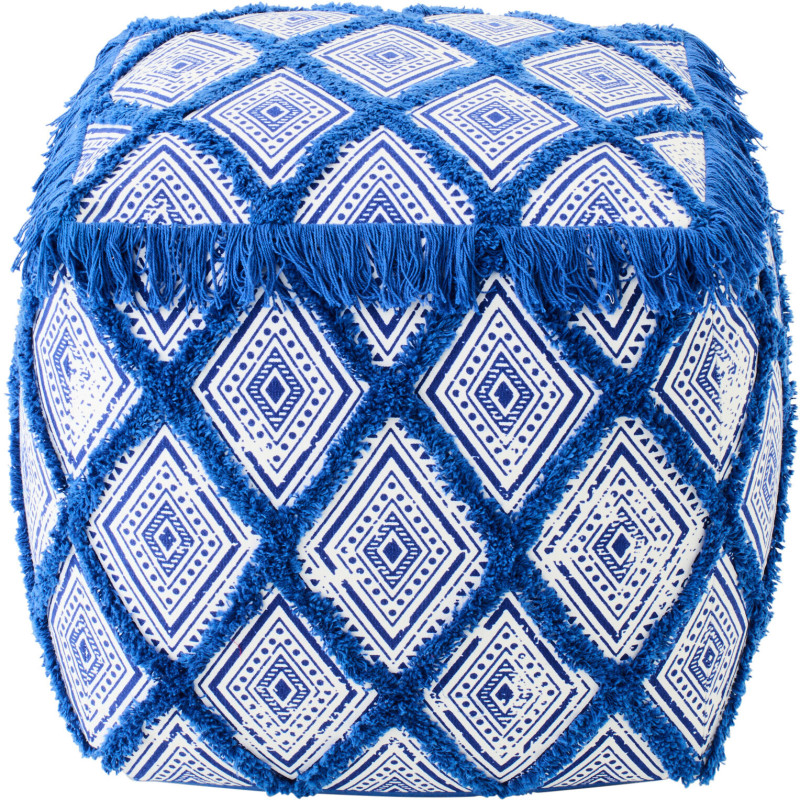 Pouf bohème chic Carré 45 cm Coton Bleu Blanc Avec franges Motif oriental Azulina 