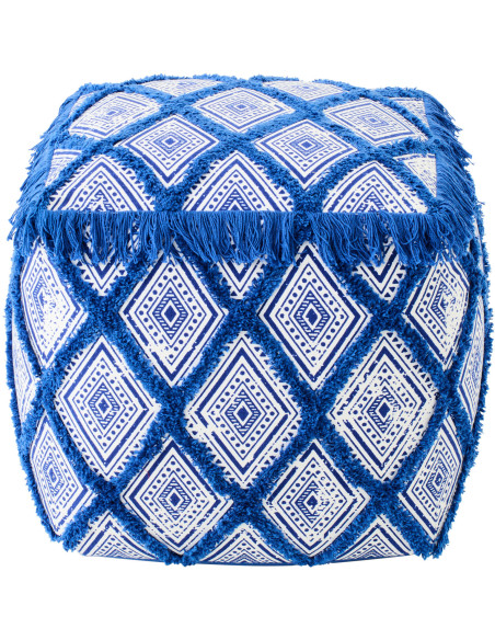 Pouf bohème chic Carré 45 cm Coton Bleu Blanc Avec franges Motif oriental Azulina 
