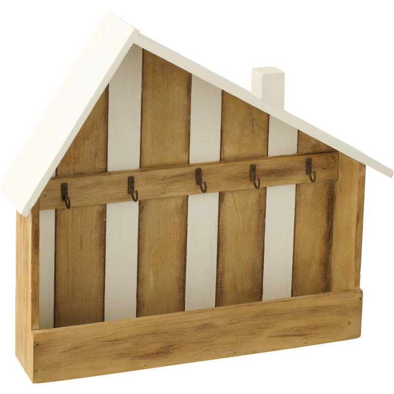 Porte-clés mural bord de mer Maison 5 crochets 44 cm Bois de paulownia Naturel Blanc Nautina 