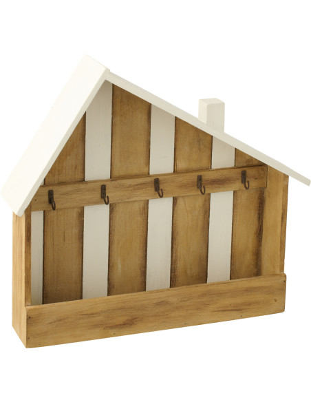 Porte-clés mural bord de mer Maison 5 crochets 44 cm Bois de paulownia Naturel Blanc Nautina 