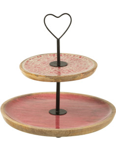 Plateau Présentoir 2 niveaux romantique chic Rond 30 cm Bois de manguier Naturel Rose Motif coeurs Amorossi 