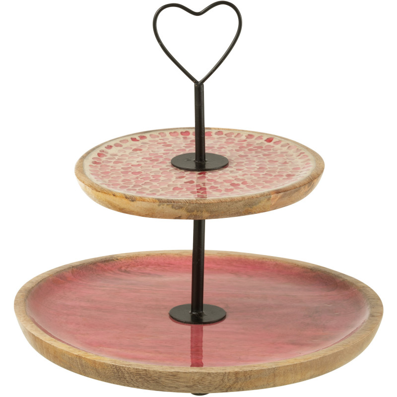 Plateau Présentoir 2 niveaux romantique chic Rond 30 cm Bois de manguier Naturel Rose Motif coeurs Amorossi 
