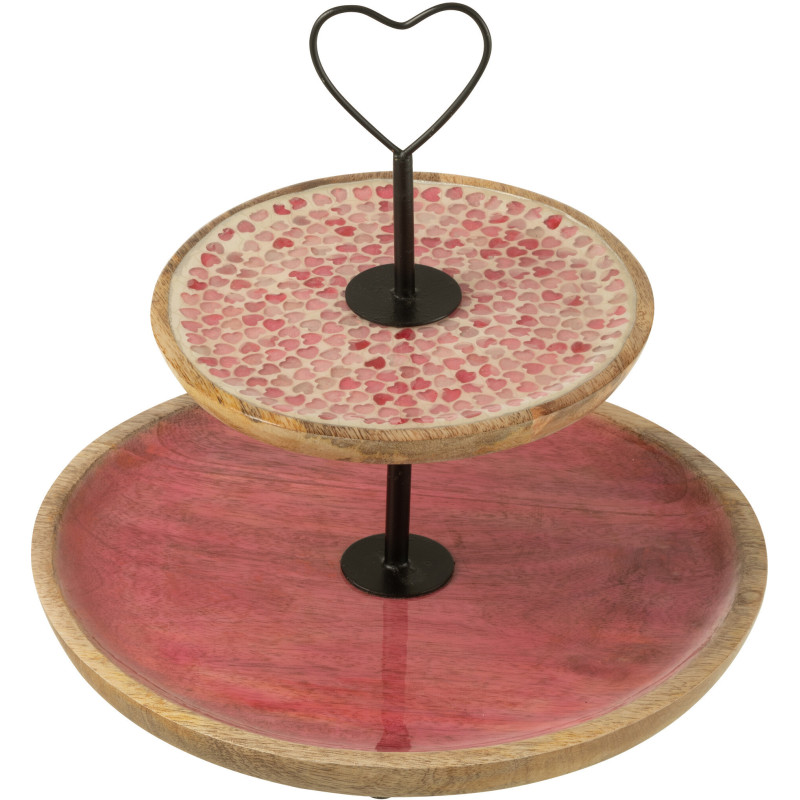 Plateau Présentoir 2 niveaux romantique chic Rond 30 cm Bois de manguier Naturel Rose Motif coeurs Amorossi 