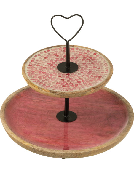Plateau Présentoir 2 niveaux romantique chic Rond 30 cm Bois de manguier Naturel Rose Motif coeurs Amorossi 