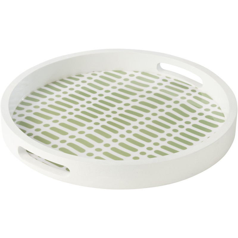 Plateau de service style japandi Rond 40 cm Bois de manguier Vert Blanc Soraï 